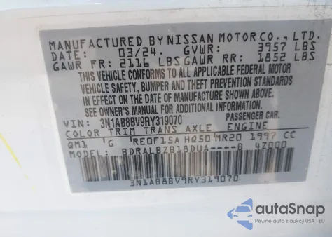 2024 Nissan Sentra S Xtronic Cvt z USA, uszkodzony, nr VIN 3N1AB8BV9RY319070